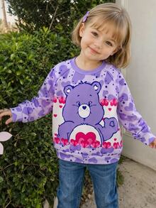 SHEIN X Care Bears 1件少女休閒百搭紫色可愛卡通愛心熊圖案圓領插肩袖寬鬆長袖套頭運動衫，適合日常穿著、秋冬、室內、運動、攝影、節慶、生日 - 紫色 - 查看 6