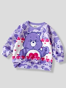 SHEIN X Care Bears 1件少女休閒百搭紫色可愛卡通愛心熊圖案圓領插肩袖寬鬆長袖套頭運動衫，適合日常穿著、秋冬、室內、運動、攝影、節慶、生日 - 紫色 - 查看 5