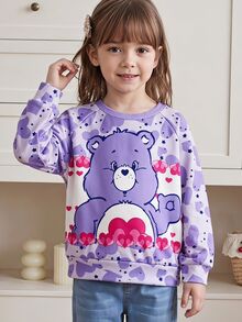 SHEIN X Care Bears 1件少女休閒百搭紫色可愛卡通愛心熊圖案圓領插肩袖寬鬆長袖套頭運動衫，適合日常穿著、秋冬、室內、運動、攝影、節慶、生日 - 紫色 - 查看 7
