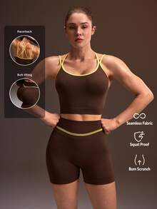 Powerista Women's Spring & Summer Seamless Brown Sports Bra And Ruched Cycling Shorts Set With Neon Yellow Straps And Waistband Detail Perfect For Yoga And Gym - Brown - View 2