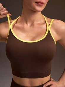 Powerista Women's Spring & Summer Seamless Brown Sports Bra And Ruched Cycling Shorts Set With Neon Yellow Straps And Waistband Detail Perfect For Yoga And Gym - Brown - View 6