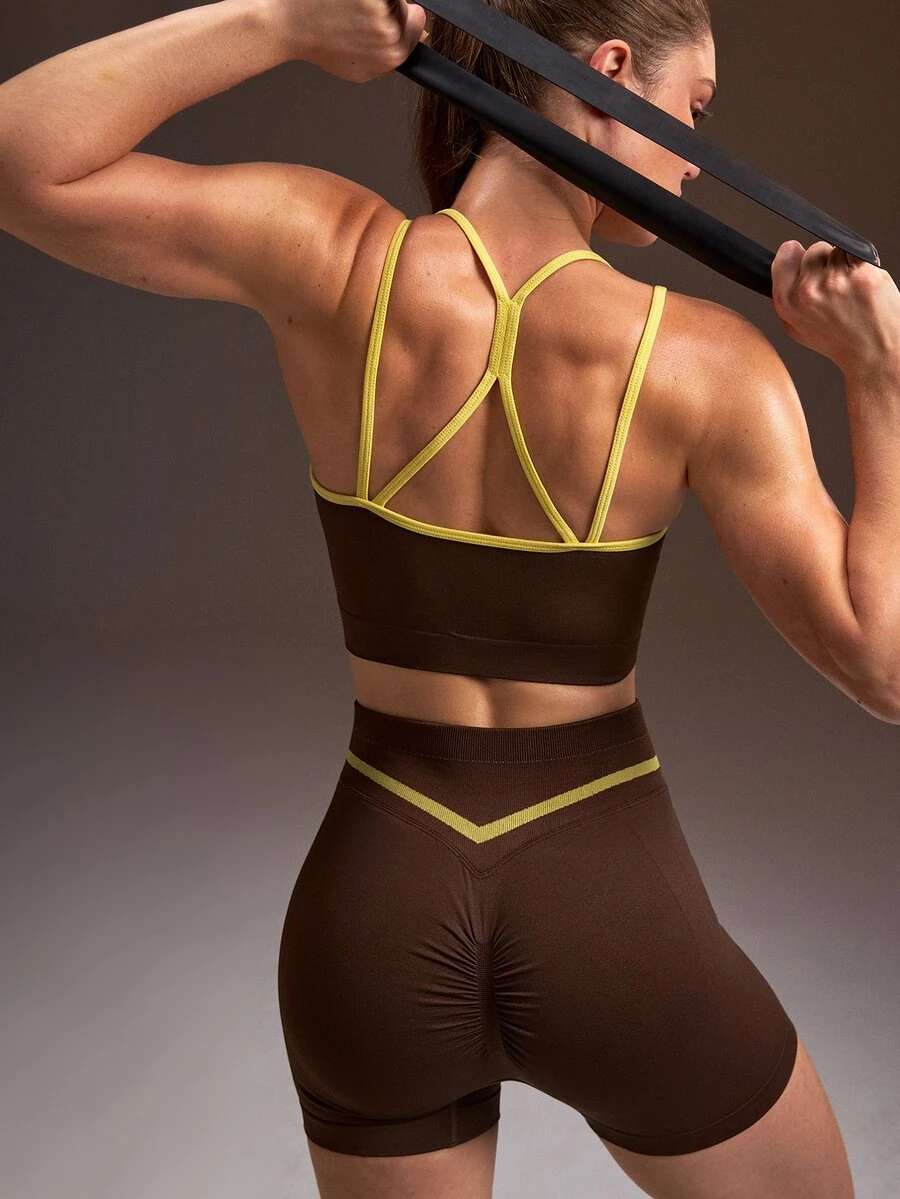 Powerista Women's Spring & Summer Seamless Brown Sports Bra And Ruched Cycling Shorts Set With Neon Yellow Straps And Waistband Detail Perfect For Yoga And Gym - Brown - View 1