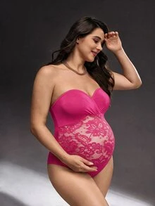 Cheriluna Maternity 粉色夏季優雅孕婦花卉蕾絲拼接連身泳衣 拍照塑形修身款 - 玫紅色 - 查看 1
