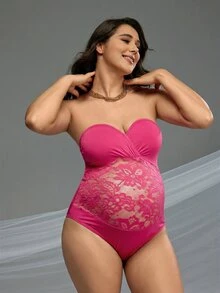 Cheriluna Maternity 粉色夏季優雅孕婦花卉蕾絲拼接連身泳衣 拍照塑形修身款 - 玫紅色 - 查看 5
