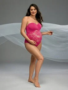 Cheriluna Maternity 粉色夏季優雅孕婦花卉蕾絲拼接連身泳衣 拍照塑形修身款 - 玫紅色 - 查看 7