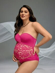 Cheriluna Maternity 粉色夏季優雅孕婦花卉蕾絲拼接連身泳衣 拍照塑形修身款 - 玫紅色 - 查看 4