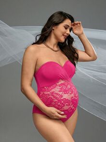 Cheriluna Maternity 粉色夏季優雅孕婦花卉蕾絲拼接連身泳衣 拍照塑形修身款 - 玫紅色 - 查看 2