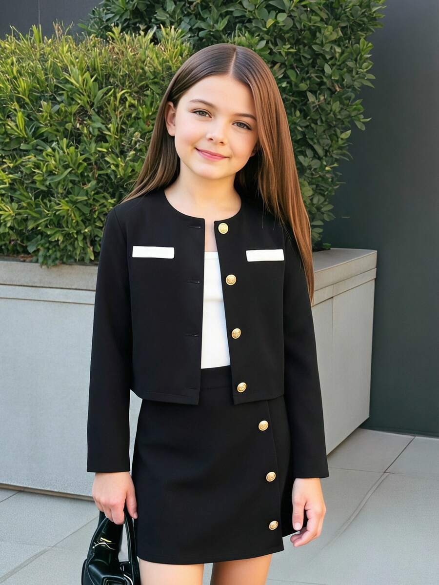 SHEIN Serisse Kids Tween女孩秋冬時尚童裝拼色拼接長袖外套與設計款裙子套裝,適合返校與日常出遊 - 黑色 - 查看 1