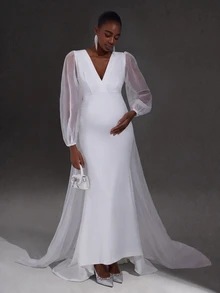 Cheriluna Maternity Maternity V-Neck Mesh Mermaid Dress, Simple Photoshoot Outfit - White - View 1