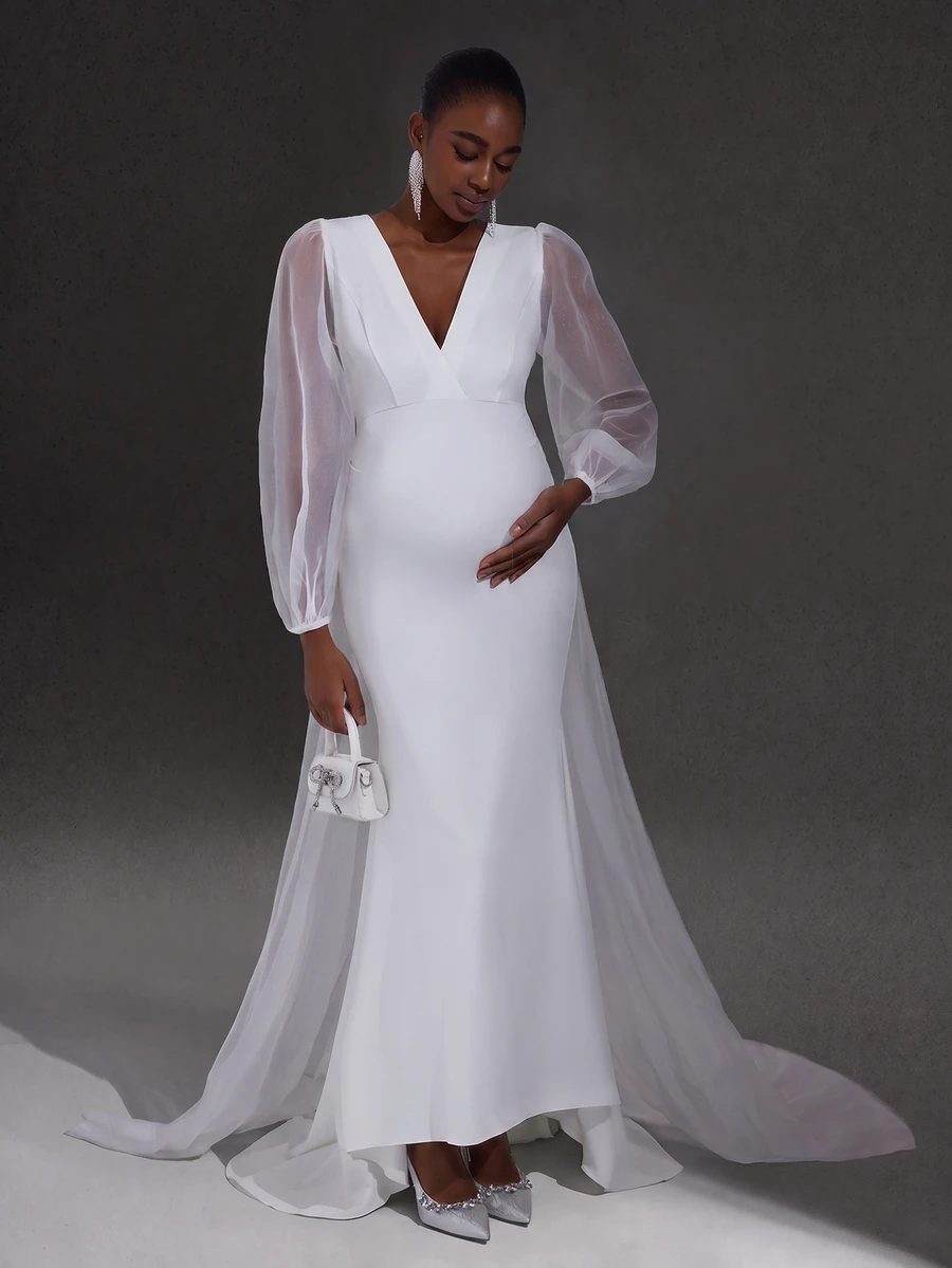 Cheriluna Maternity Maternity V-Neck Mesh Mermaid Dress, Simple Photoshoot Outfit - White - View 1