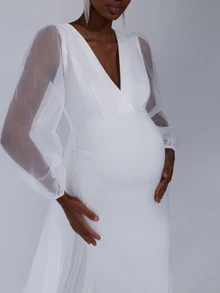 Cheriluna Maternity Maternity V-Neck Mesh Mermaid Dress, Simple Photoshoot Outfit - White - View 7