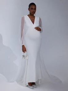 Cheriluna Maternity Maternity V-Neck Mesh Mermaid Dress, Simple Photoshoot Outfit - White - View 6