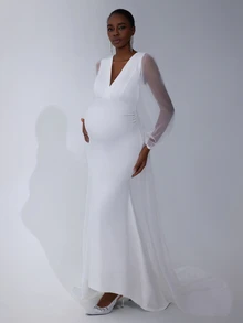 Cheriluna Maternity Maternity V-Neck Mesh Mermaid Dress, Simple Photoshoot Outfit - White - View 5