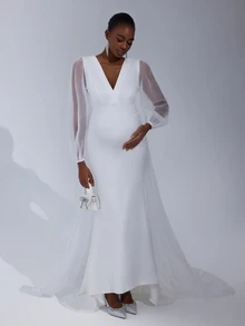 Cheriluna Maternity Maternity V-Neck Mesh Mermaid Dress, Simple Photoshoot Outfit - White - View 2