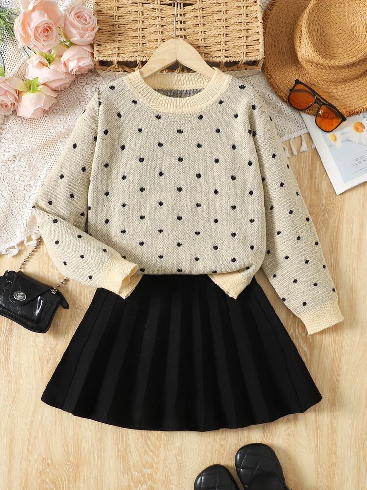 SHEIN Tween Girl Polka Dot Kids Sweater And Solid Black Pleated Autumn Skirt 2pcs Set, Back-To-School - Brown - View 2