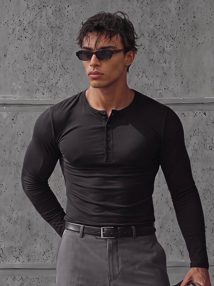 ESTAVOR Men's Solid Color Button Half-Placket Long Sleeve Casual T-Shirt - Black - View 1