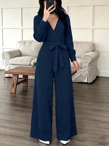 SHEIN 秋季女款純色海軍藍交叉V領連身褲，自繫腰帶長袖寬鬆寬腿連身褲，通勤與週末穿搭，外出街拍 - 藍色 - 查看 7
