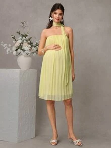 Cheriluna Maternity 浅黄色孕妇雪纺褶皱连衣裙，宽松A字廓形，轻盈飘逸，甜美活泼的风格，适合度假和约会，显瘦百搭 - 黃色 - 查看 2