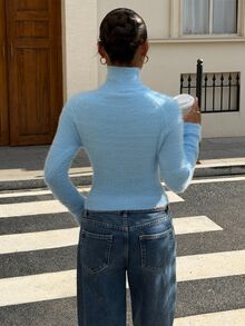 Muchica Sweater Pullover Leher Tinggi Motif Huruf & Angka Biru Terbaru untuk Wanita Musim Gugur/Dingin - Biru - View 2