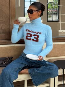 Muchica Sweater Pullover Leher Tinggi Motif Huruf & Angka Biru Terbaru untuk Wanita Musim Gugur/Dingin - Biru - View 4