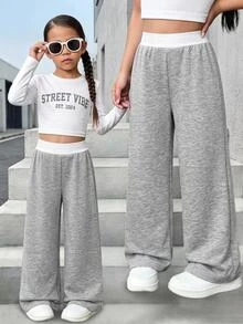 SHEIN 女童小女孩拼色百褶休閒百搭日常寬腿運動長褲 - 灰色 - 查看 1