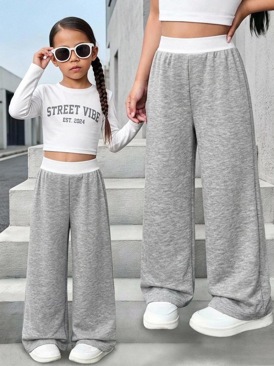 SHEIN 女童小女孩拼色百褶休閒百搭日常寬腿運動長褲 - 灰色 - 查看 1