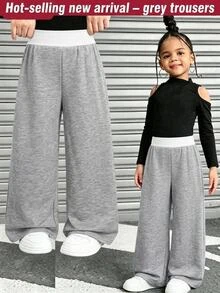 SHEIN 女童小女孩拼色百褶休閒百搭日常寬腿運動長褲 - 灰色 - 查看 7