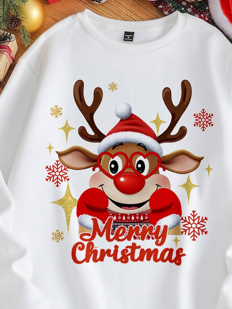 SHEIN Christmas White Standard Size Men's Reindeer Print Crew Neck Long Sleeve Sweatshirt - White - View 3