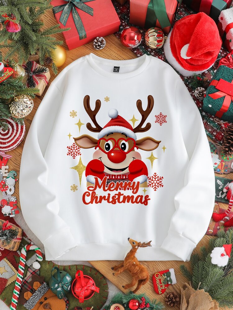 SHEIN Christmas White Standard Size Men's Reindeer Print Crew Neck Long Sleeve Sweatshirt - White - View 2