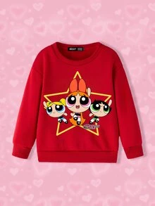 THE POWERPUFF GIRLS X SHEIN Baby Girl Casual Cartoon Print Red Crewneck Sweatshirt, Autumn - Red - View 6