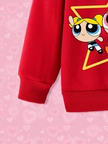 THE POWERPUFF GIRLS X SHEIN Baby Girl Casual Cartoon Print Red Crewneck Sweatshirt, Autumn - Red - View 5