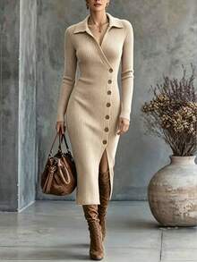 SHEIN Women's Solid Color Casual Everyday Summer Knit Dress - Khaki - View 2