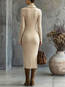 SHEIN Women's Solid Color Casual Everyday Summer Knit Dress - Khaki - View 3
