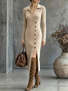 SHEIN Women's Solid Color Casual Everyday Summer Knit Dress - Khaki - View 8