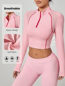 StreetHx Mesh Long Sleeve Half-Zip Cropped Sports Sweatshirt - Pink - View 1