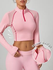 StreetHx Mesh Long Sleeve Half-Zip Cropped Sports Sweatshirt - Pink - View 4