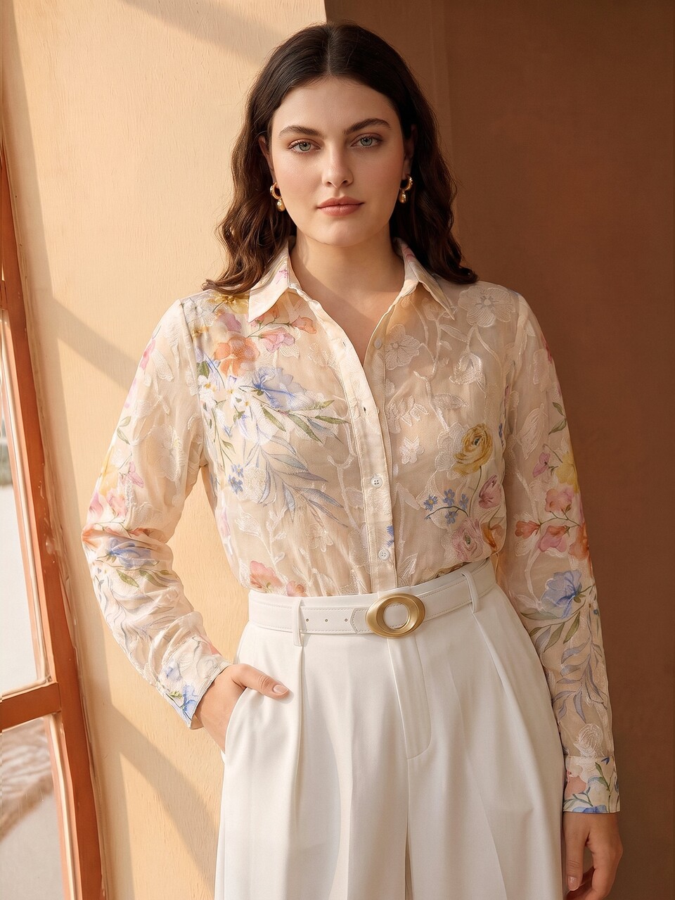 Anewsta Plus Size Women's Autumn/Winter New Elegant Fashion Printed Chiffon Long Sleeve Blouse, Elegant Blouse For Autumn/Winter, Holiday, Shopping, Dating, Elegant Commute Outfit