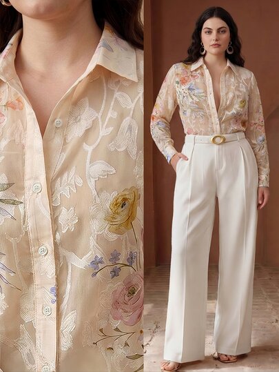 Anewsta Plus Size Women's Autumn/Winter New Elegant Fashion Printed Chiffon Long Sleeve Blouse, Elegant Blouse For Autumn/Winter, Holiday, Shopping, Dating, Elegant Commute Outfit