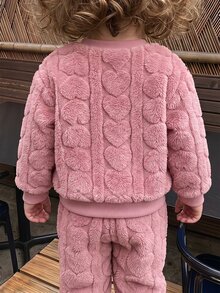 4pcs Toddler Girl Sweatshirt Pants Cute Sweet Pink White 3D Heart Embossed Fuzzy Long Sleeve Round Neck Thick Birthday Party Winter Fall Pullover Set - Dusty Pink - View 2