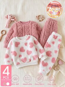 4pcs Toddler Girl Sweatshirt Pants Cute Sweet Pink White 3D Heart Embossed Fuzzy Long Sleeve Round Neck Thick Birthday Party Winter Fall Pullover Set - Dusty Pink - View 3