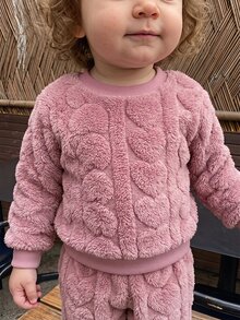 4pcs Toddler Girl Sweatshirt Pants Cute Sweet Pink White 3D Heart Embossed Fuzzy Long Sleeve Round Neck Thick Birthday Party Winter Fall Pullover Set - Dusty Pink - View 8