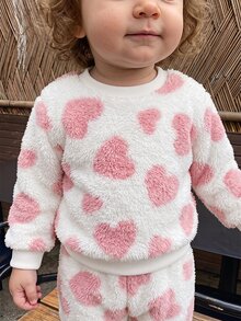 4pcs Toddler Girl Sweatshirt Pants Cute Sweet Pink White 3D Heart Embossed Fuzzy Long Sleeve Round Neck Thick Birthday Party Winter Fall Pullover Set - Dusty Pink - View 6