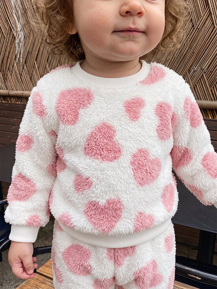 4pcs Toddler Girl Sweatshirt Pants Cute Sweet Pink White 3D Heart Embossed Fuzzy Long Sleeve Round Neck Thick Birthday Party Winter Fall Pullover Set - Dusty Pink - View 6