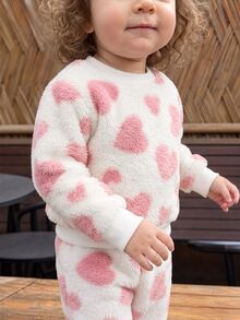 4pcs Toddler Girl Sweatshirt Pants Cute Sweet Pink White 3D Heart Embossed Fuzzy Long Sleeve Round Neck Thick Birthday Party Winter Fall Pullover Set - Dusty Pink - View 5