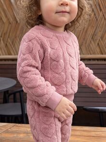 4pcs Toddler Girl Sweatshirt Pants Cute Sweet Pink White 3D Heart Embossed Fuzzy Long Sleeve Round Neck Thick Birthday Party Winter Fall Pullover Set - Dusty Pink - View 7