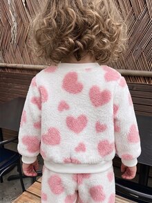 4pcs Toddler Girl Sweatshirt Pants Cute Sweet Pink White 3D Heart Embossed Fuzzy Long Sleeve Round Neck Thick Birthday Party Winter Fall Pullover Set - Dusty Pink - View 9