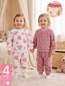 4pcs Toddler Girl Sweatshirt Pants Cute Sweet Pink White 3D Heart Embossed Fuzzy Long Sleeve Round Neck Thick Birthday Party Winter Fall Pullover Set - Dusty Pink - View 4