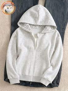 SHEIN 秋冬女童連帽拉鍊外套，街頭風混搭，保暖針織面料，微寬鬆版型預留成長空間，適合校園與街頭穿搭，瞬間變身活力女孩 - 灰色 - 查看 1