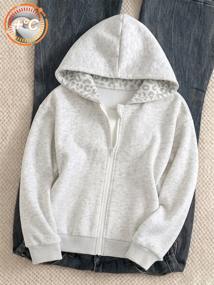 SHEIN 秋冬女童連帽拉鍊外套,街頭風混搭,保暖針織面料,微寬鬆版型預留成長空間,適合校園與街頭穿搭,瞬間變身活力女孩 - 灰色 - 查看 1