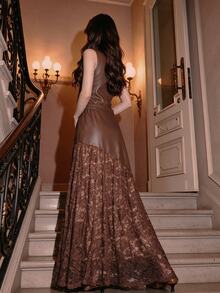 Anewsta Women's Elegant Autumn/Winter Brown Lace Patchwork Long Skirt, Versatile For Daily Wear - Brown - View 2